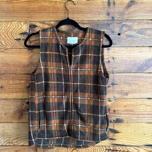 Christopher & Banks orange and brown plaid zip up vest